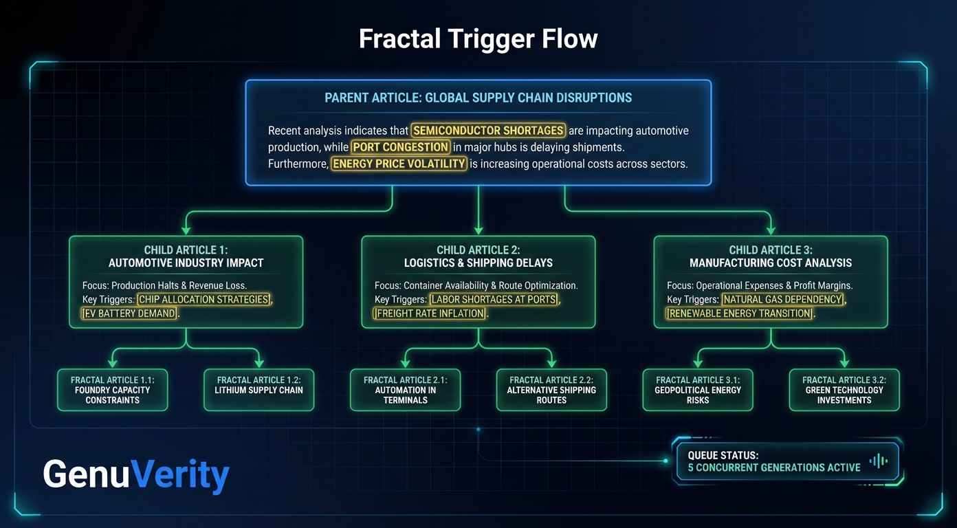Fractal Trigger Flow - showing parent article with fractal triggers leading to child articles in a branching pattern
