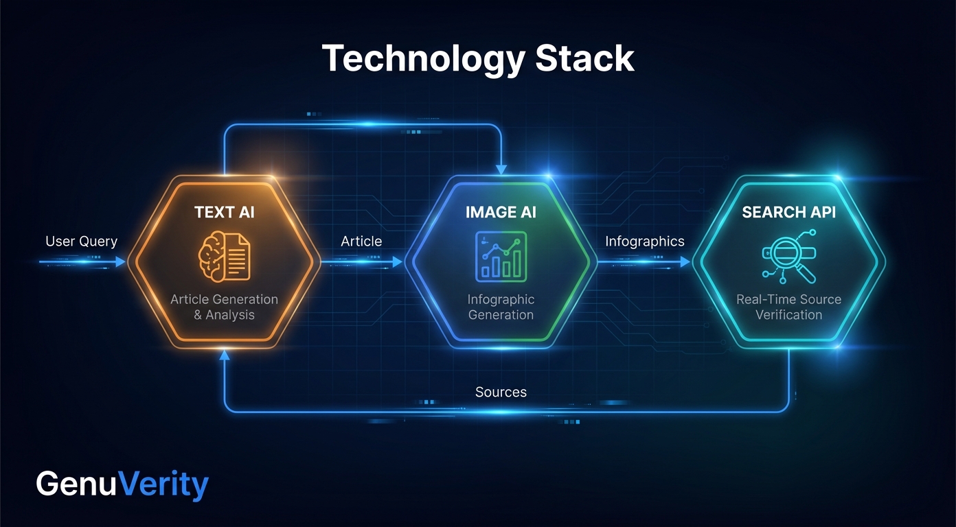 Technology Stack - Text AI for article generation, Image AI for infographics, Search API for source verification