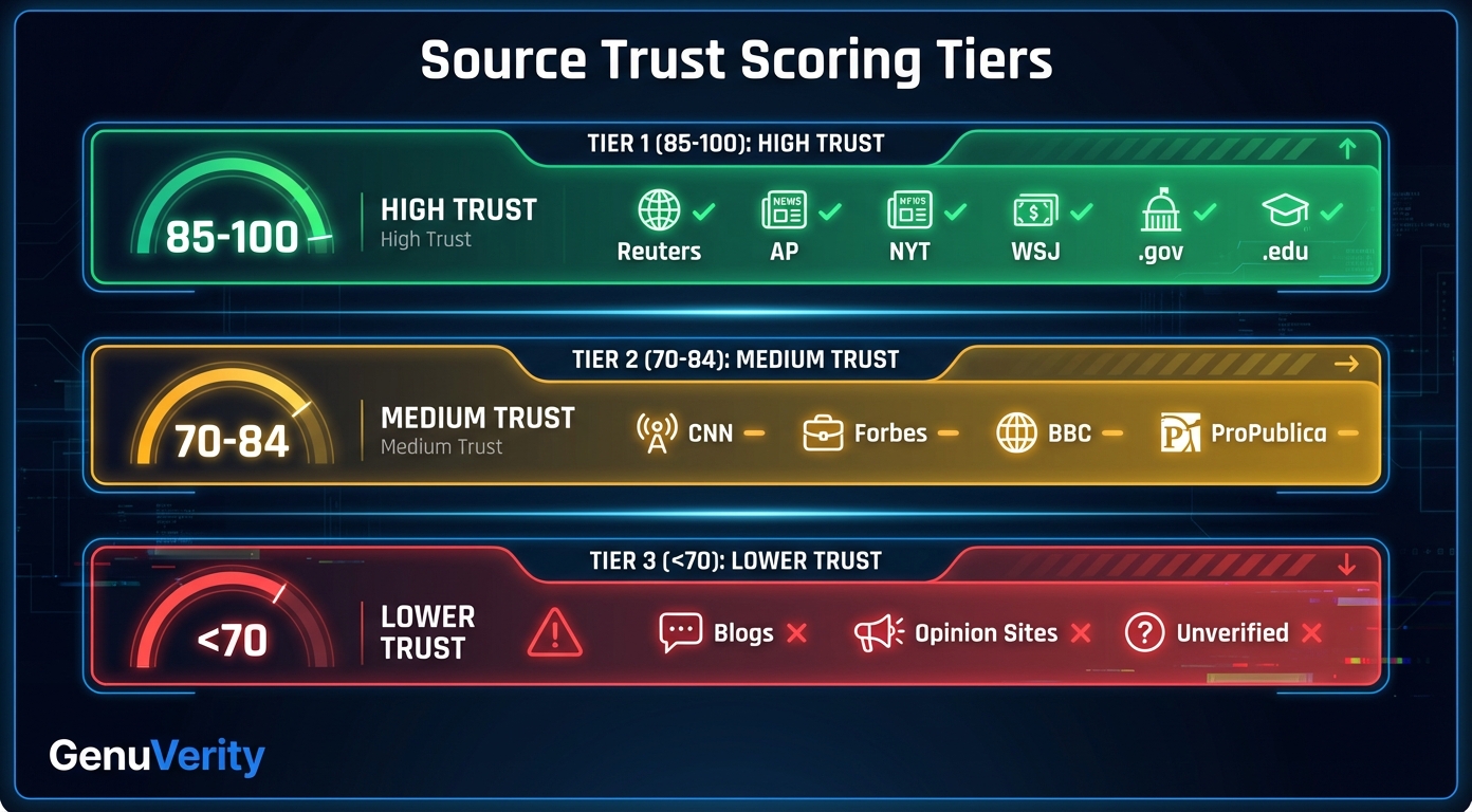 Trust Scoring Tiers - Tier 1 (85-100) High Trust in green, Tier 2 (70-84) Medium Trust in amber, Tier 3 (below 70) Lower Trust in red