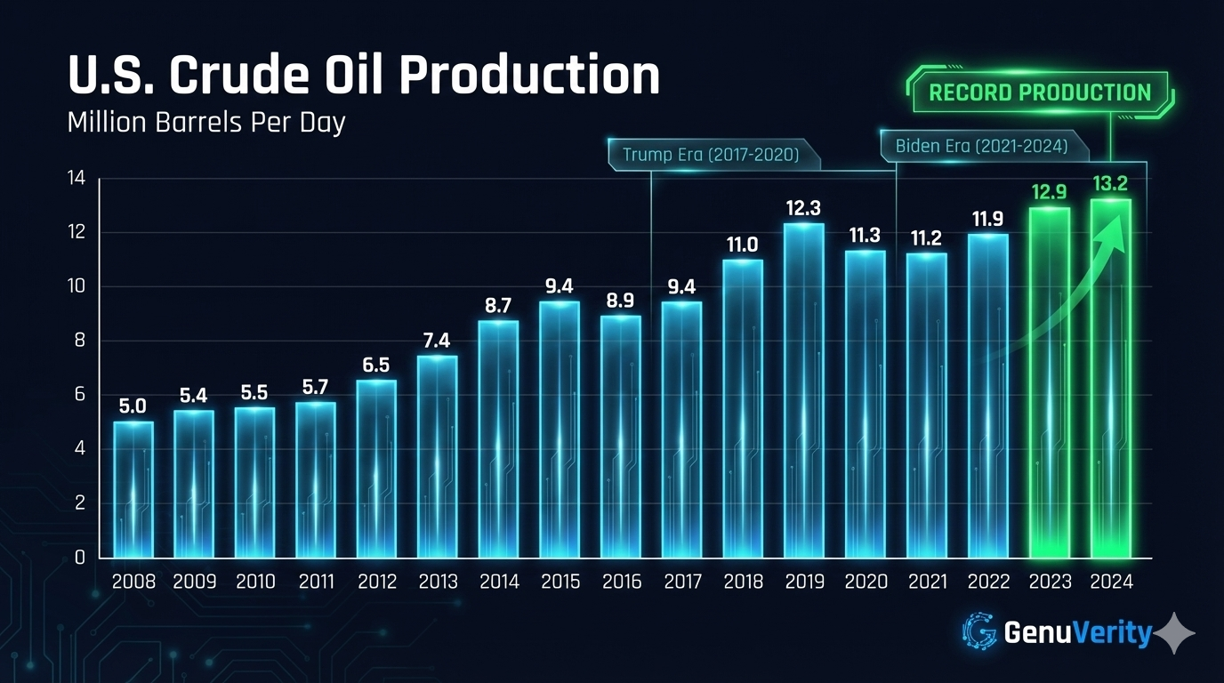 U.S. Crude Oil Production 2008-2024 - Bar chart showing record production of 13.2 million barrels per day under Biden, surpassing all previous administrations