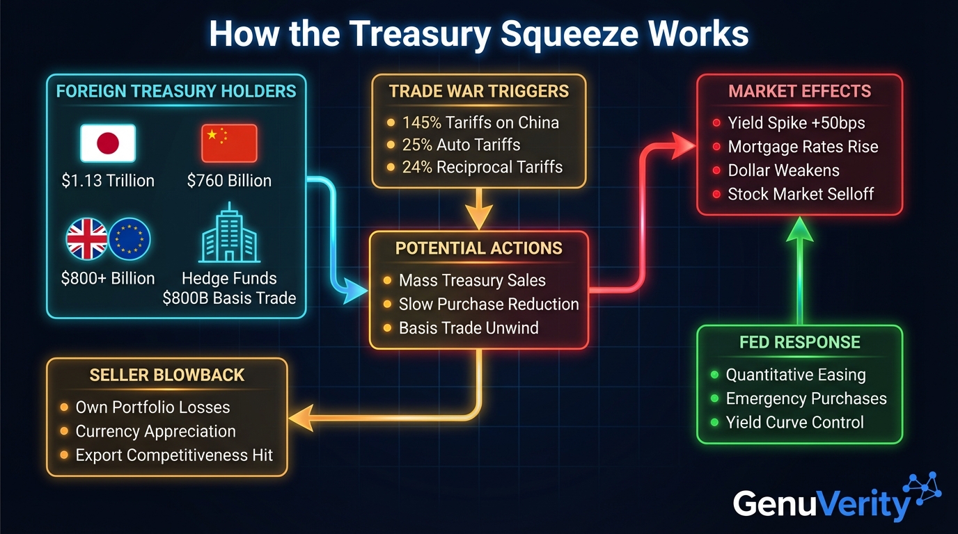 How the Treasury Squeeze Works - Infographic showing foreign treasury holders, trade war triggers, potential actions, market effects, Fed response, and seller blowback